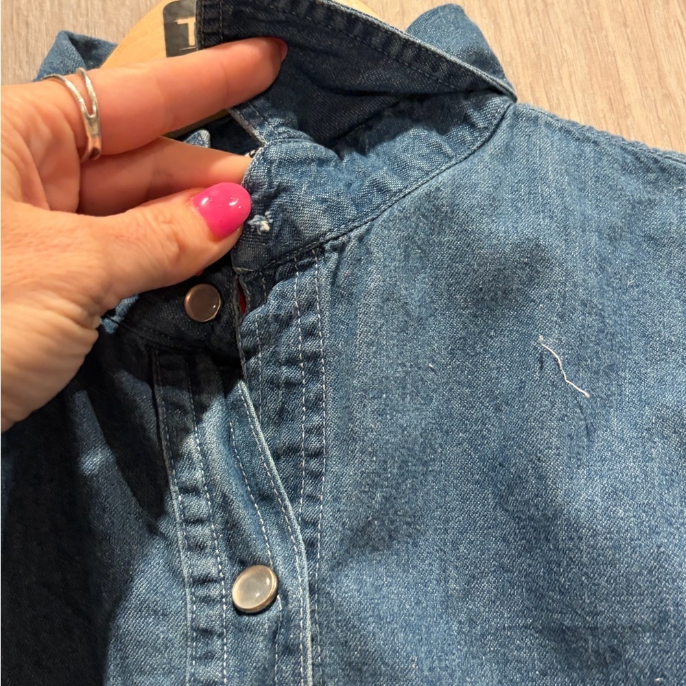 Upcycled Denim Shirt Jacket – Hand Bleached “WOKE” Art | Size M - Picture 3 of 4